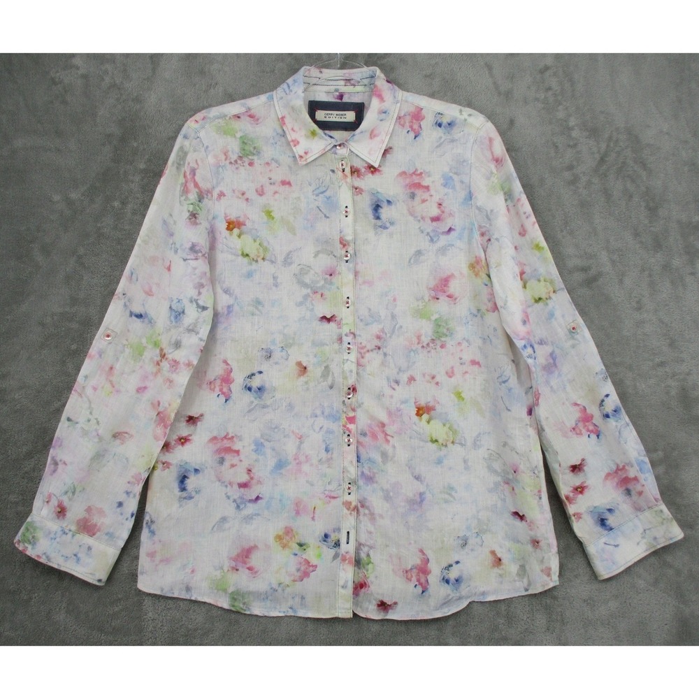 Gerry Weber Edition Blouse Womens 8 Linen Floral Button Front Lightweight Boho